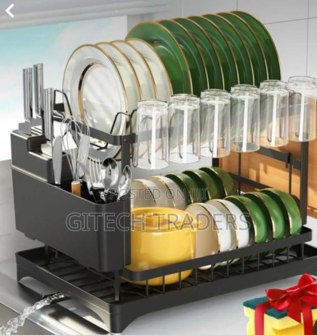 2 Tier Dish Drying Rack Black With Drain Board