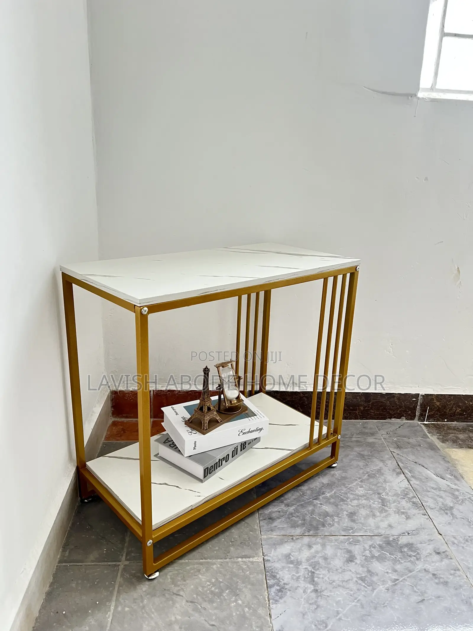 Nordic Rectangular Side Table Gold With White Marble Effect
