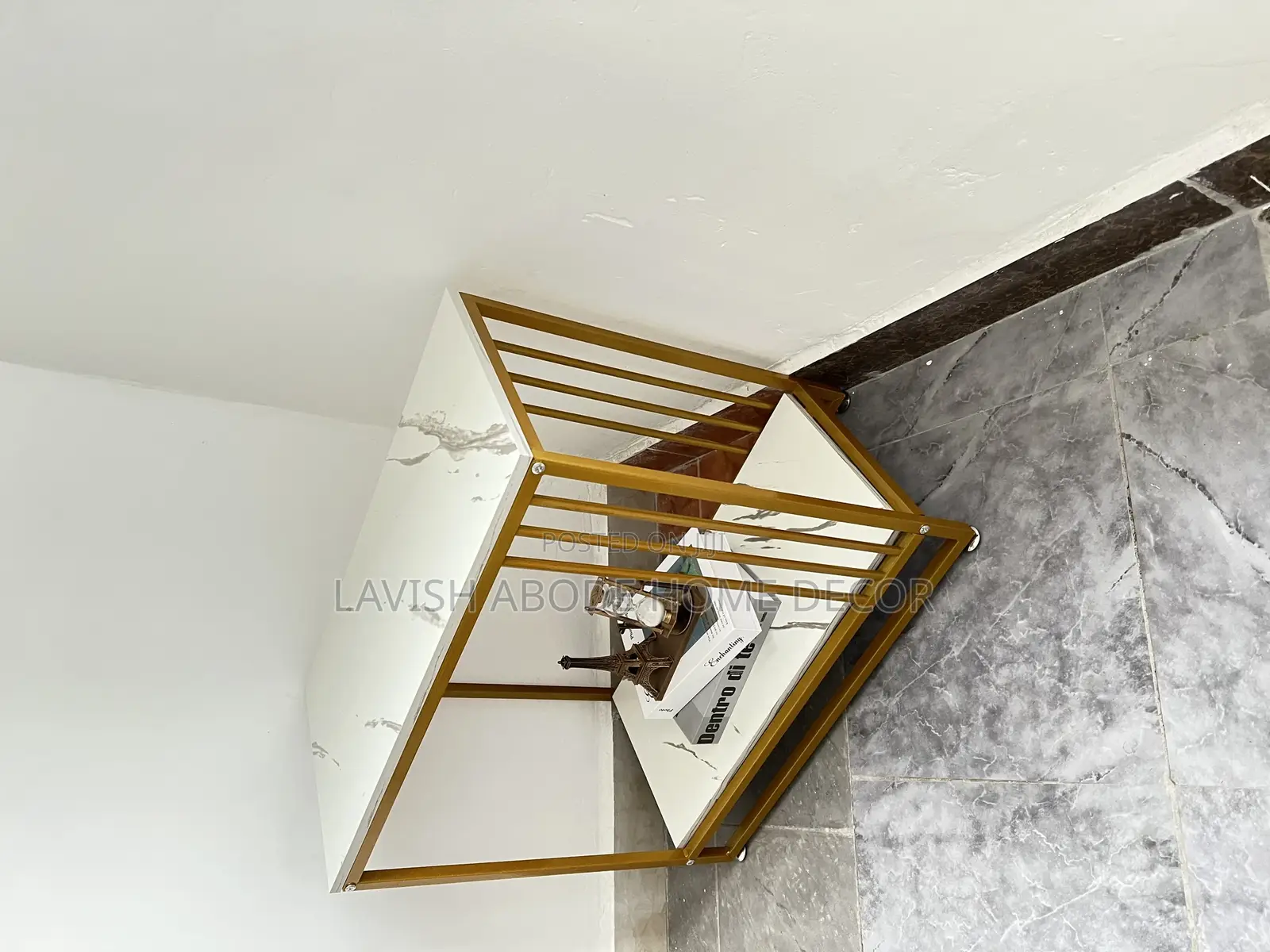 Nordic Rectangular Side Table Gold With White Marble Effect