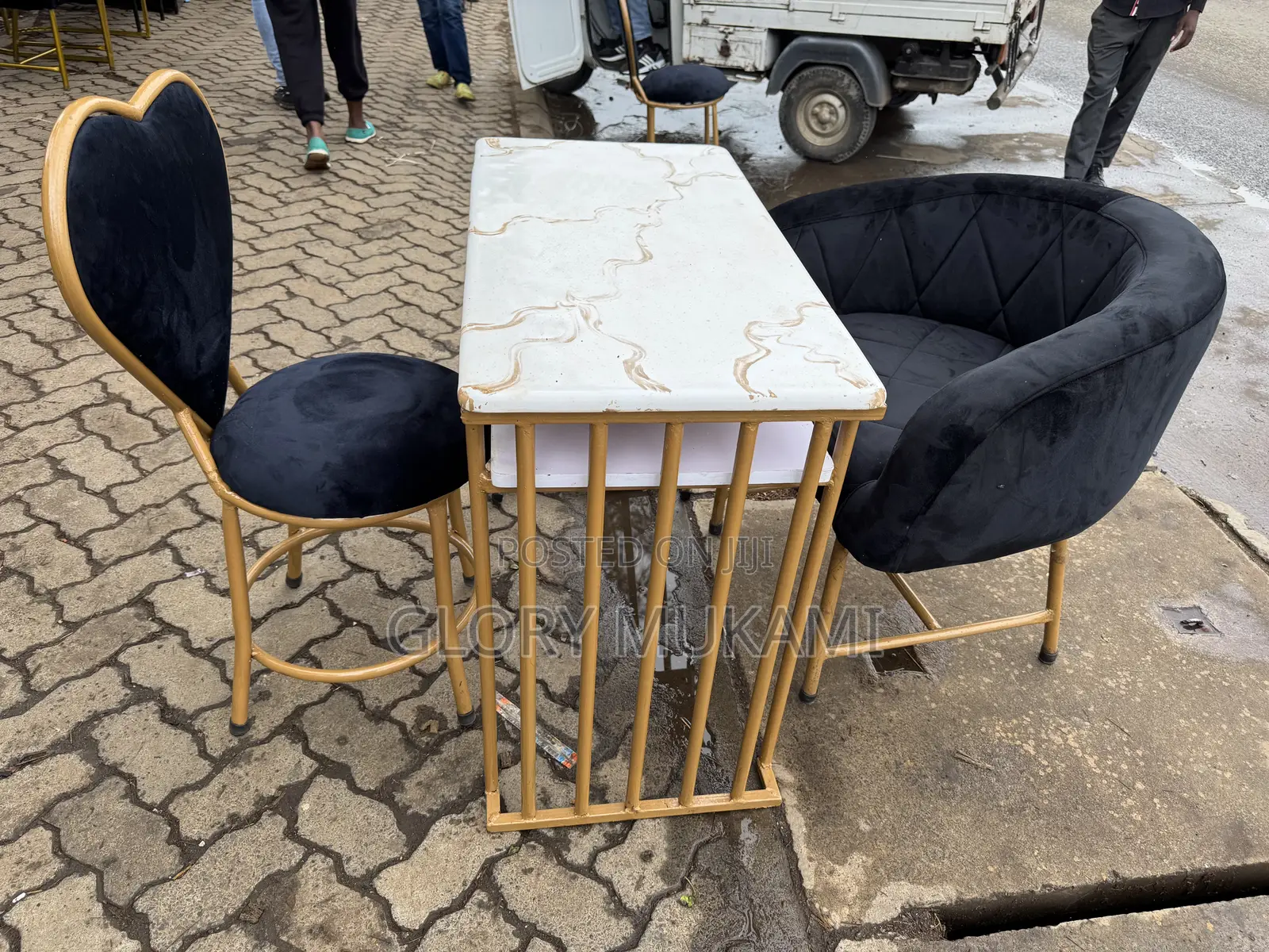 White Marble Manicure Table With Gold Chairs