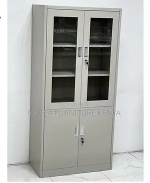 Cabinets: 2-Door Half Glass Steel Frame Storage Unit
