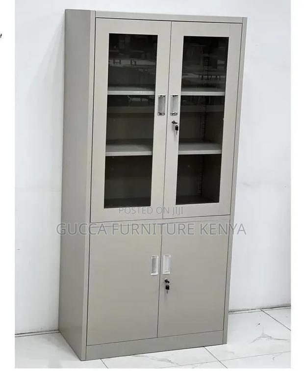 Cabinets: 2-Door Half Glass Steel Frame Storage Unit - thumbnail 2