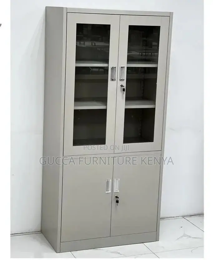 Cabinets: 2-Door Half Glass Steel Frame Storage Unit