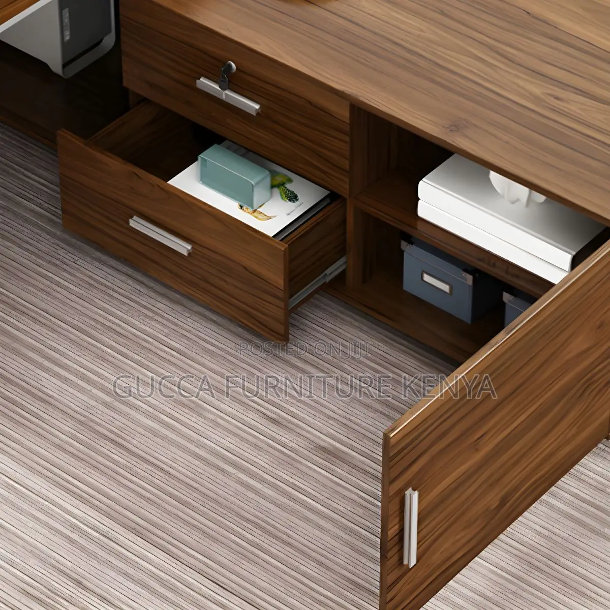 Office Desk: Brown L-Shape Executive Modern Desk for Office