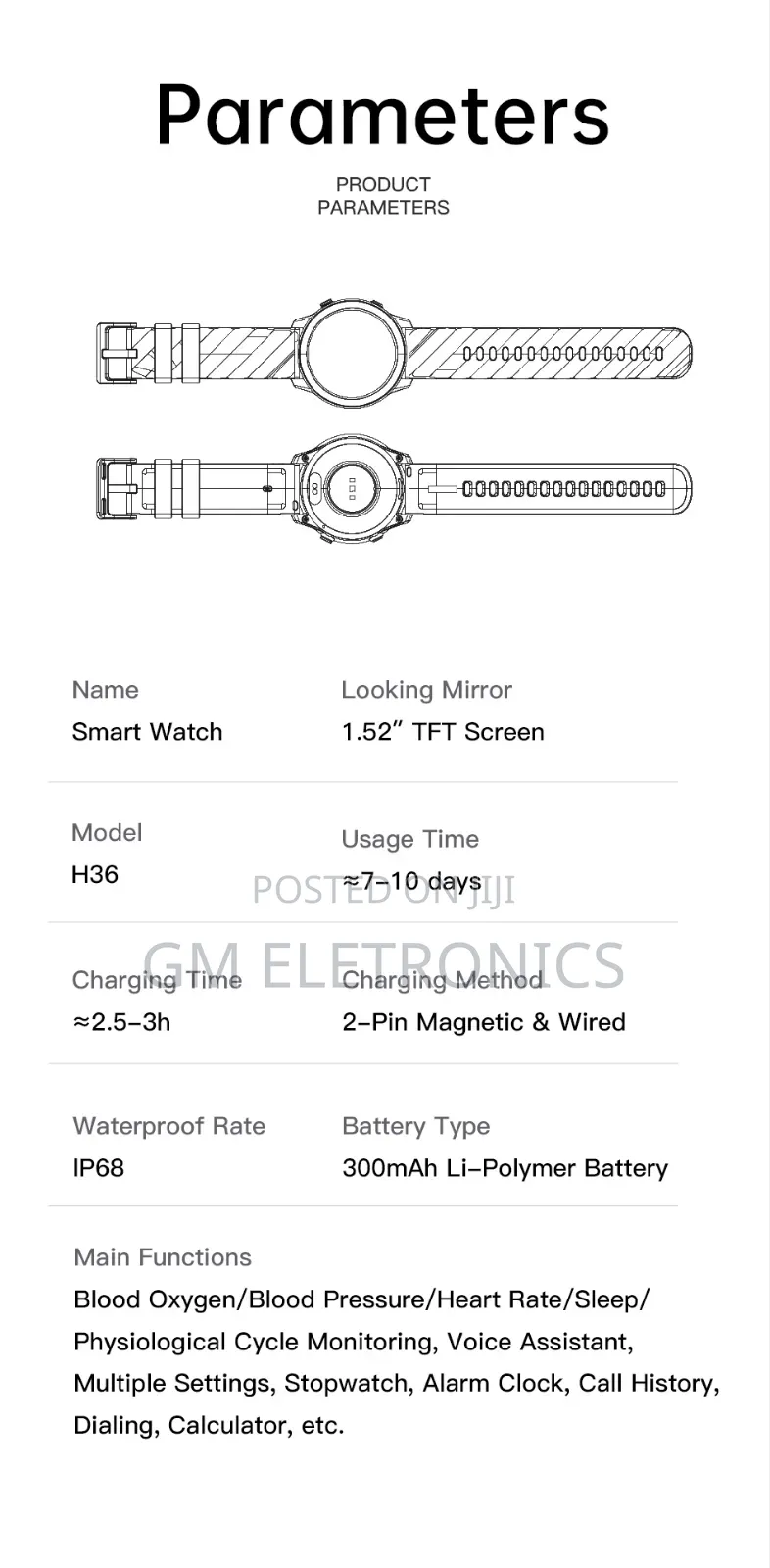 Awei H36 1.52inch Hd Ip68 Waterproof Smart Watch.