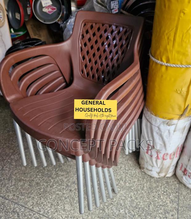 Brown Plastic Chair With Metallic Stands. - thumbnail 2