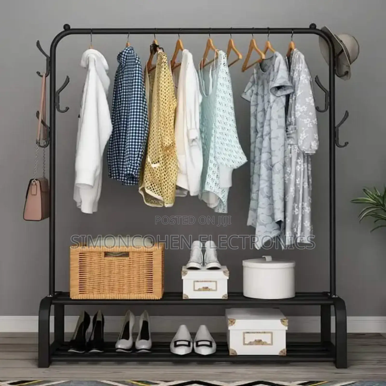 Cloth Rack With Double Lower Storage Shelf and Side Hooks
