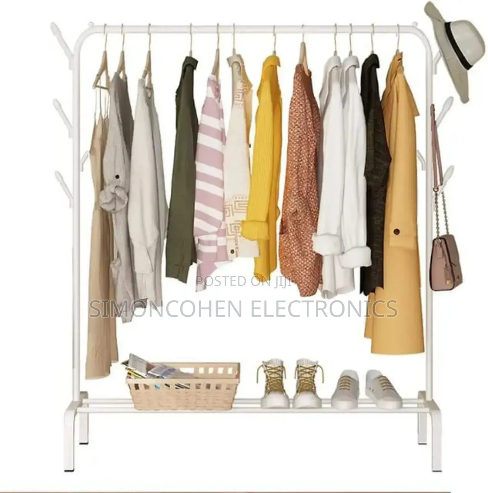 Cloth Rack With Single Lower Storage Shelf and Side Hooks