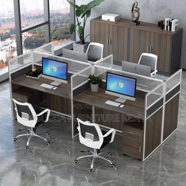 Workstations: Contemporary 4-Person Desk With Privacy Panel