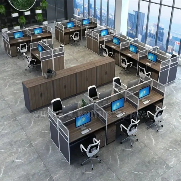 Workstations: Contemporary 4-Person Desk With Privacy Panel
