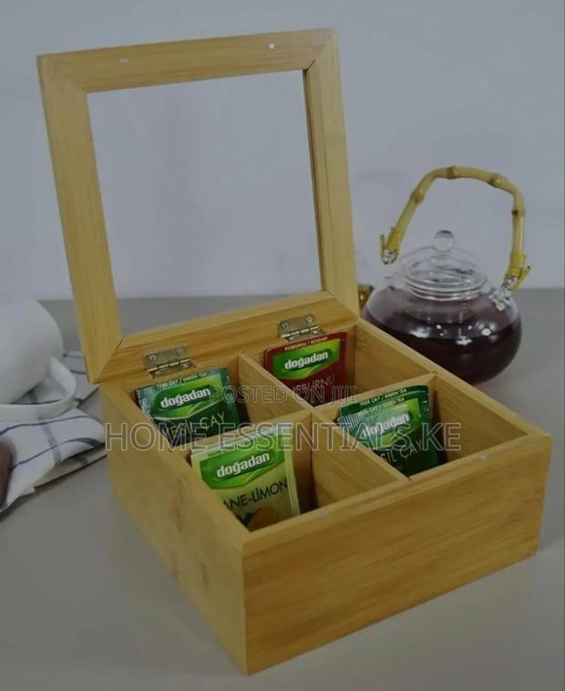 4 Compartment Bamboo Tea Bag Organizer With Clear Cover