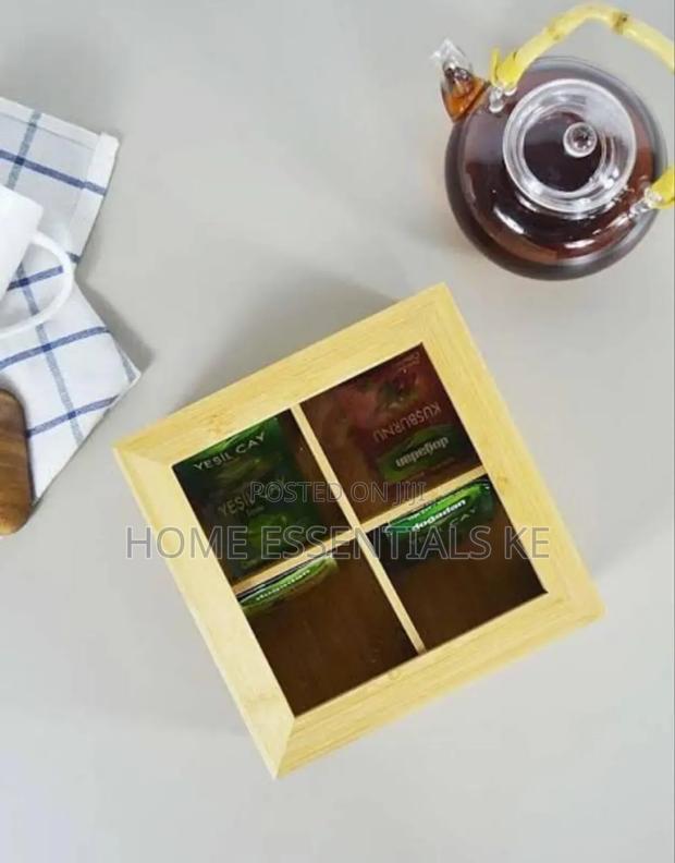 4 Compartment Bamboo Tea Bag Organizer With Clear Cover - thumbnail 3