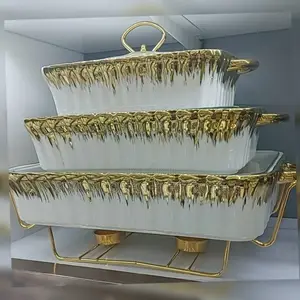 3pcs White Gold Ceramic Chaffing Dish