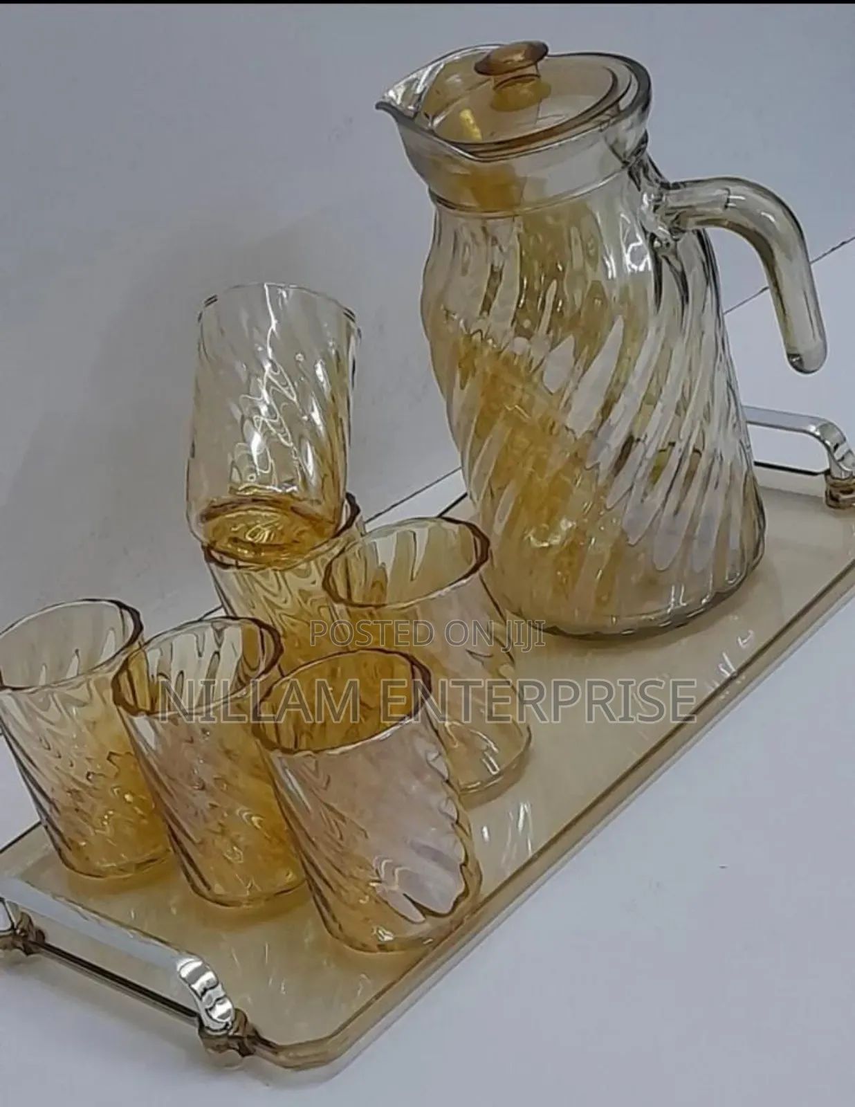 Glass Jug With Glasses + Tray