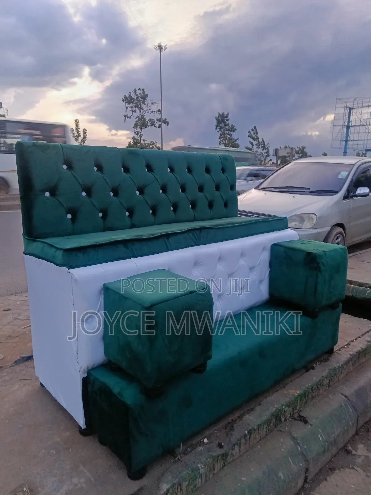 Jungle Green Fabric and White Lexin Pedicure 3 Seater 