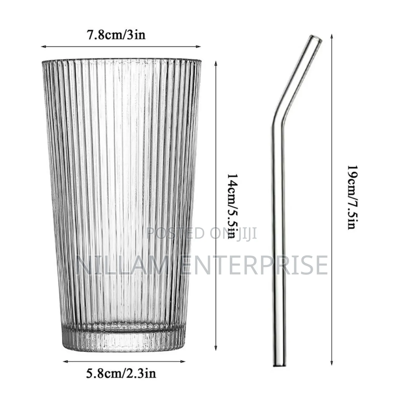 375ml Simple Stripe Glass Cup With Lid and Straw