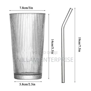 375ml Simple Stripe Glass Cup With Lid and Straw