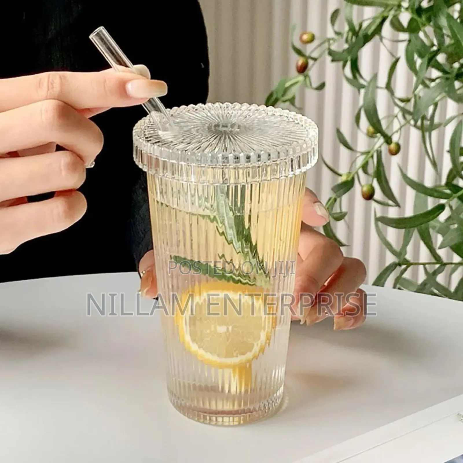 375ml Simple Stripe Glass Cup With Lid and Straw