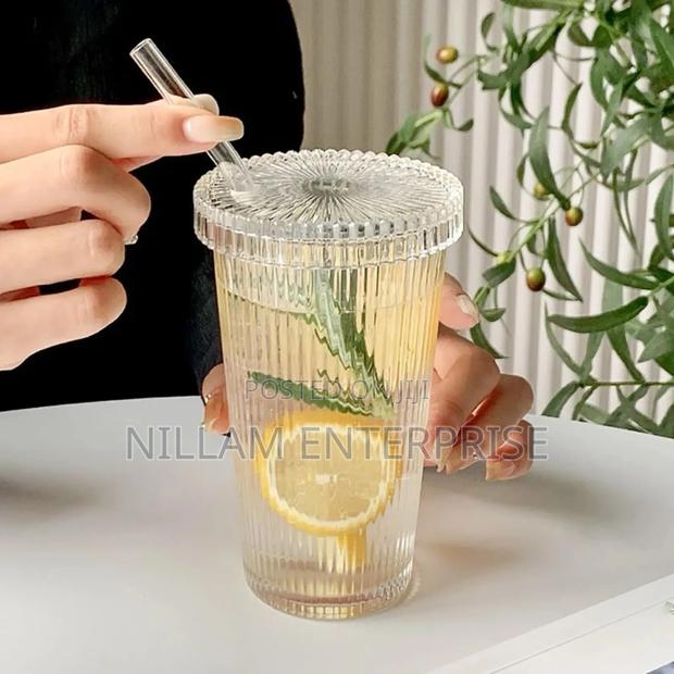 375ml Simple Stripe Glass Cup With Lid and Straw - thumbnail 3