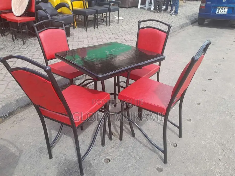 Red Restaurant And Bar Chair And Black Square Table Set