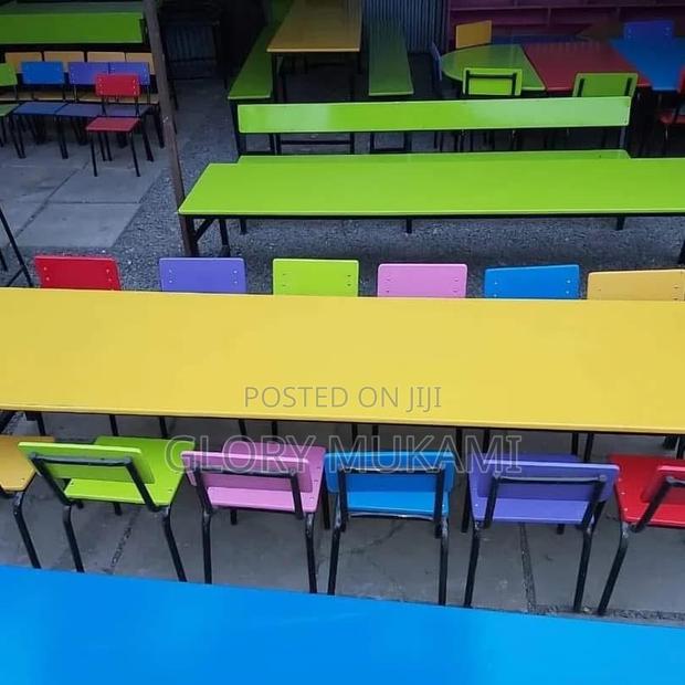 Blue Red Yellow Kindergarten Chairs And Table - main view