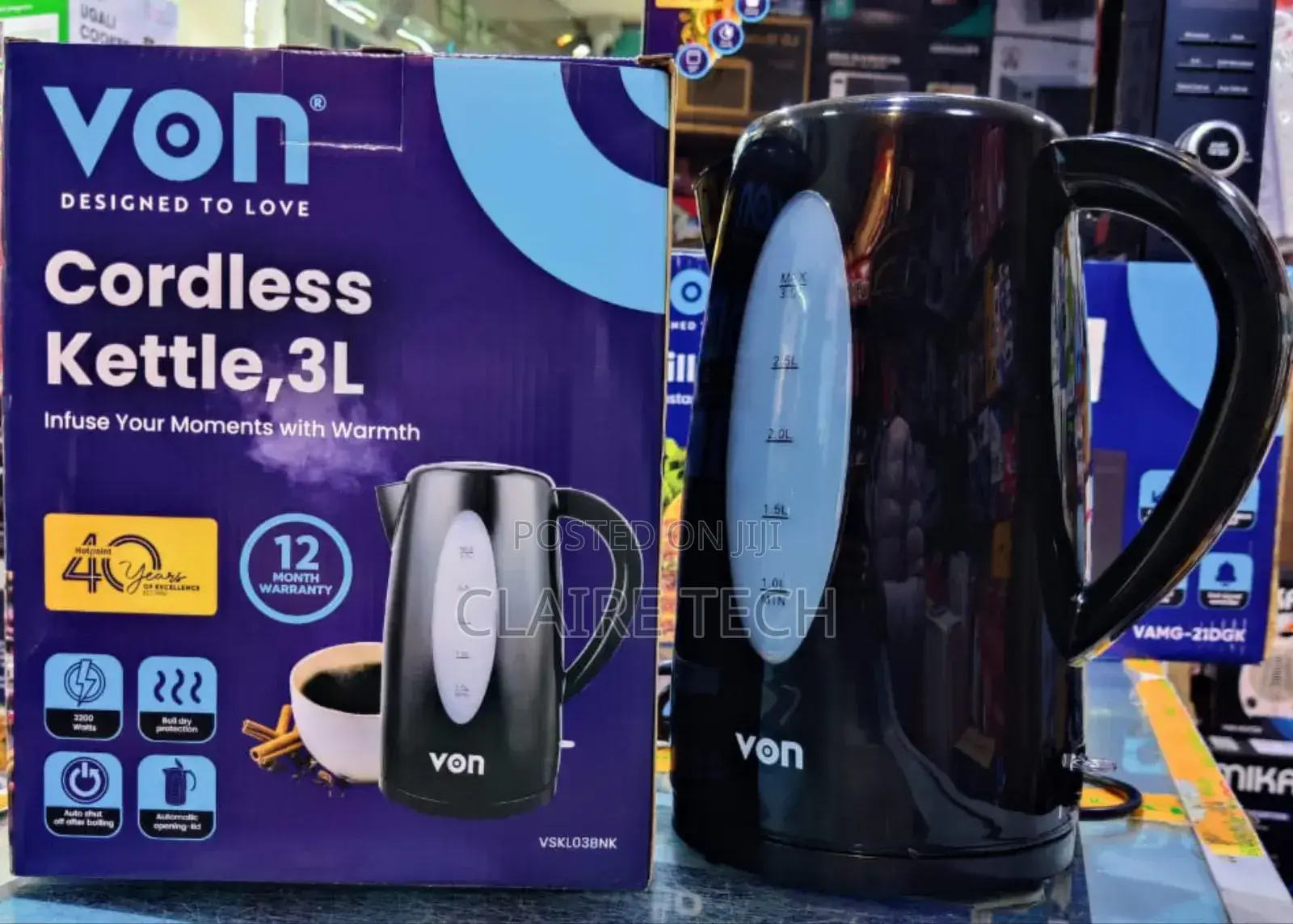 Von Vskl03bnk Cordless Kettle, 3l - Black