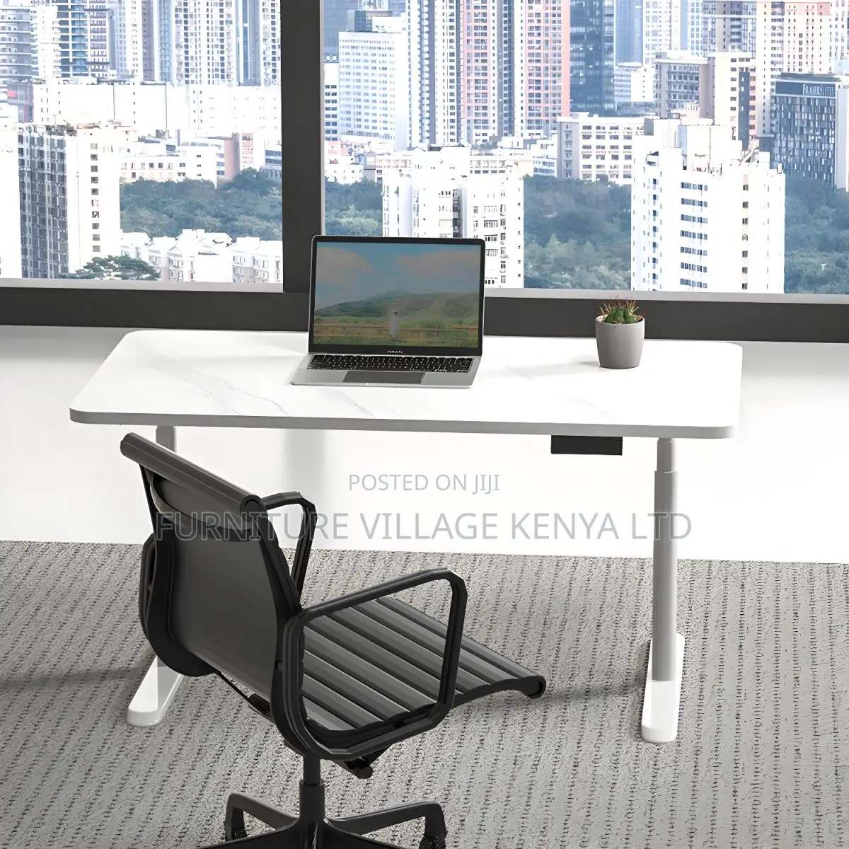 Office Desk:Motorized White Table With Steel Support – 120cm