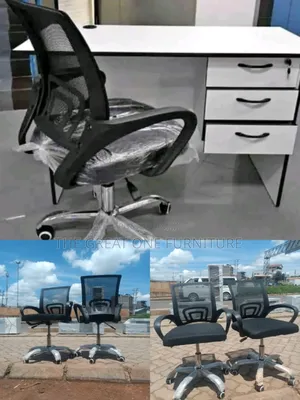 White 1m Office Desk With Swivel Mesh Chair Qk6tg
