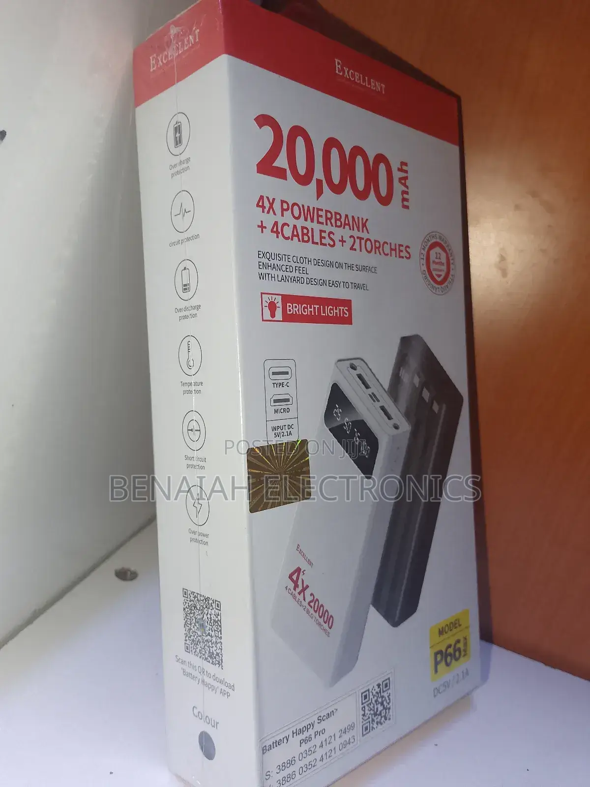 20000 Mah Excellent Power Bank.4 Cables,2 Torches