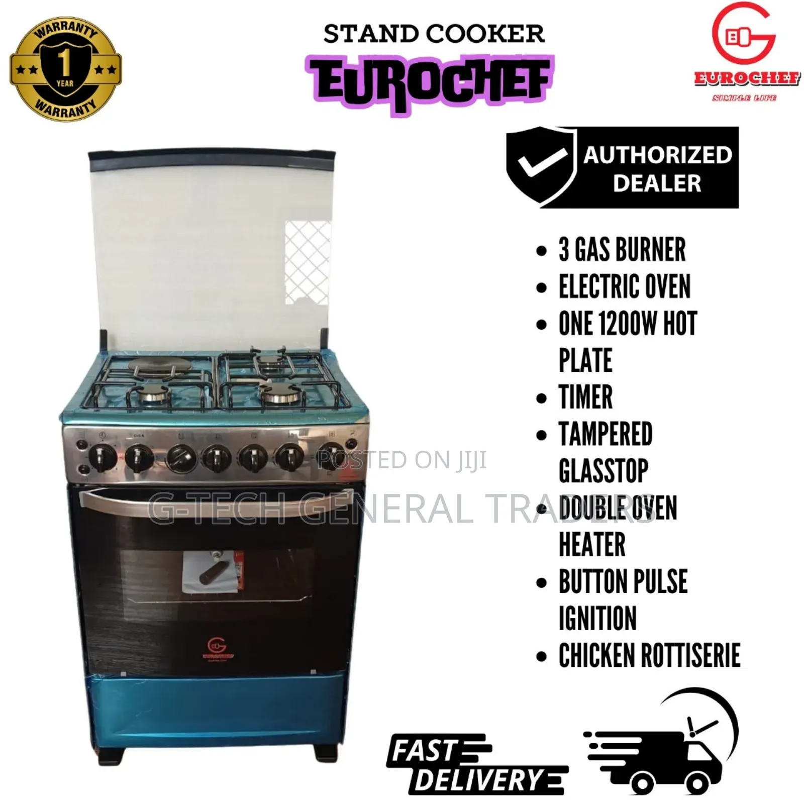 Eurochef 3gas+1hotplate 60*65 Standing Cooker/Electric Oven