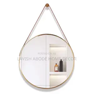 Large Round Mirror With Leather Strap Gold Color