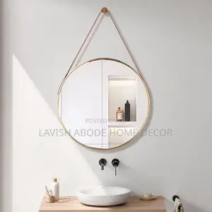 Large Round Mirror With Leather Strap Gold Color