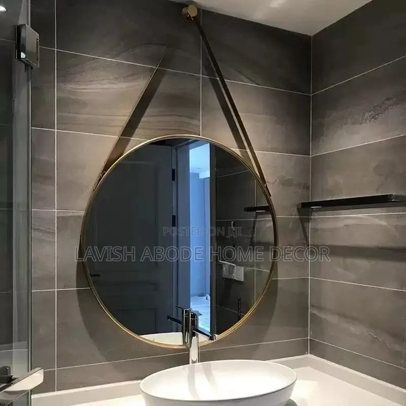 Large Round Mirror With Leather Strap Gold Color