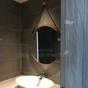 Large Round Mirror With Leather Strap Gold Color
