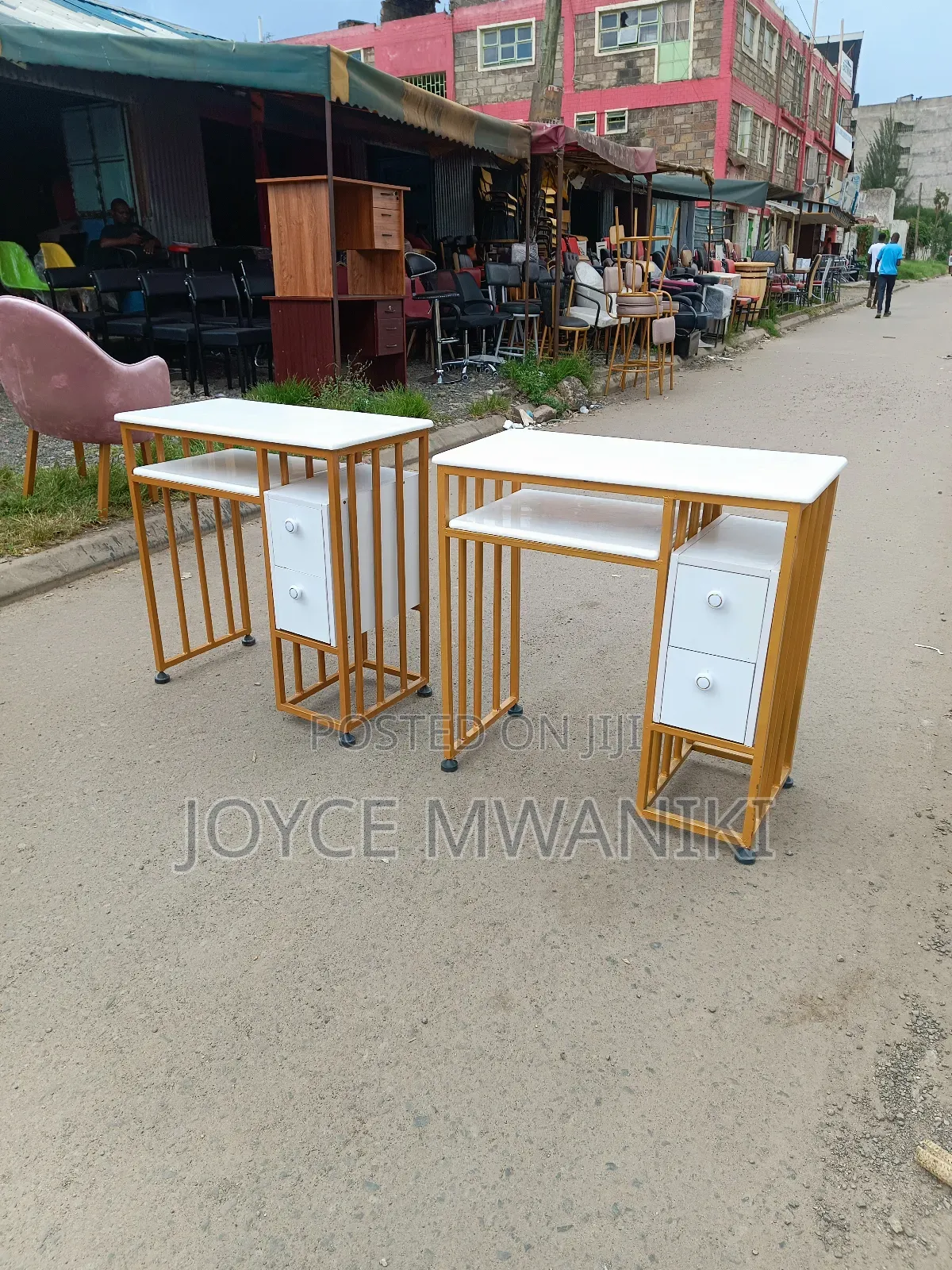 Manicure Tables, Marble Tops, Drawers, Metallic Gold Frame 