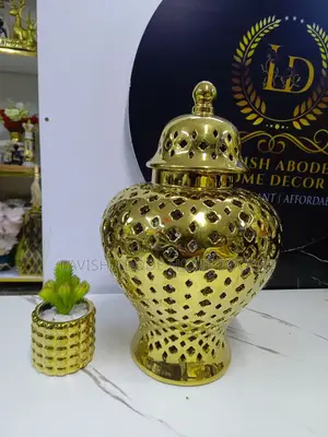 Large Gold Ceramic Ginger Jar Flower Vase