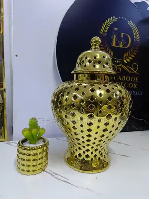 Large Gold Ceramic Ginger Jar Flower Vase