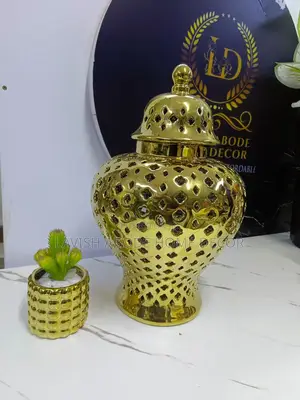Large Gold Ceramic Ginger Jar Flower Vase