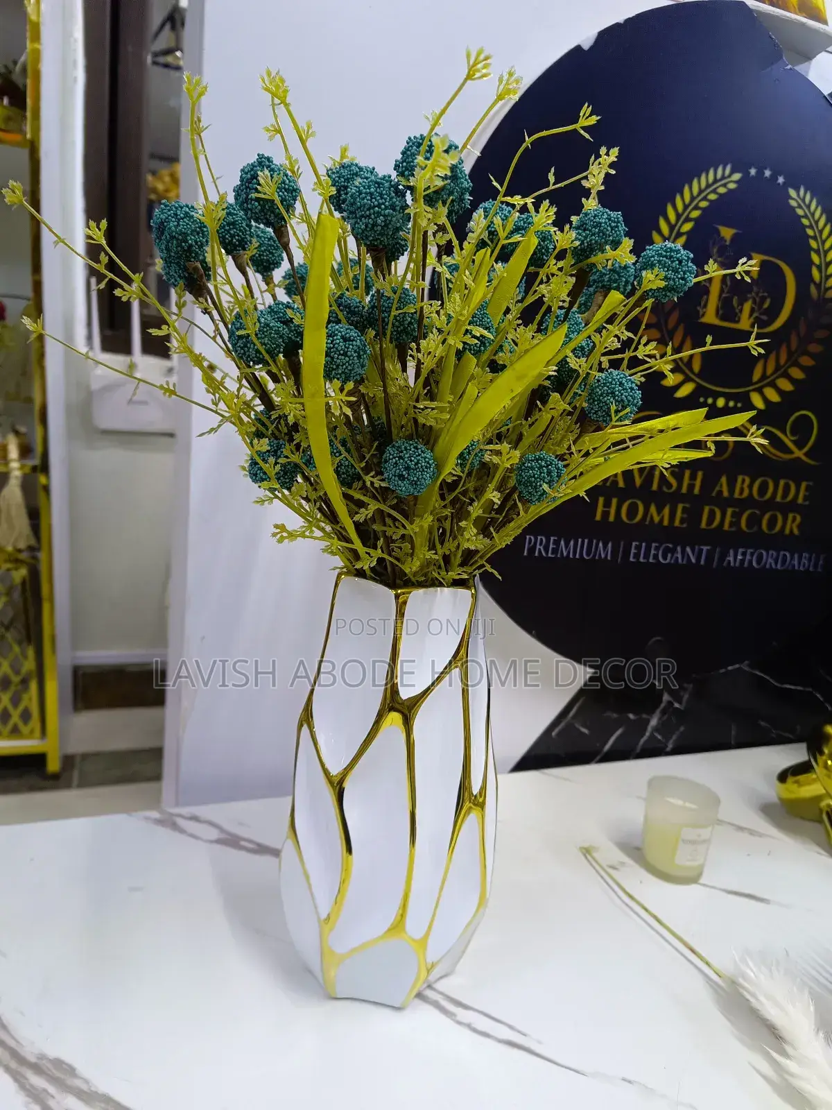Large Ceramic Flower Vase White and Gold Gift Idea