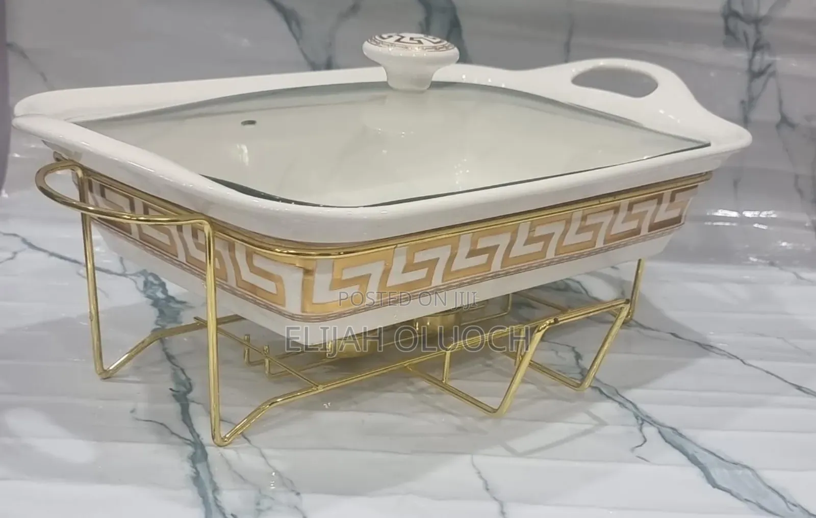 Ceramic Round Chaffing Dish + Burner and Golden Stand