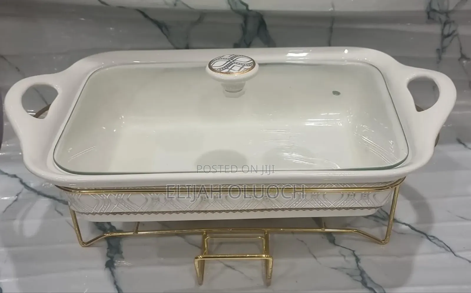 Ceramic Round Chaffing Dish + Burner and Golden Stand