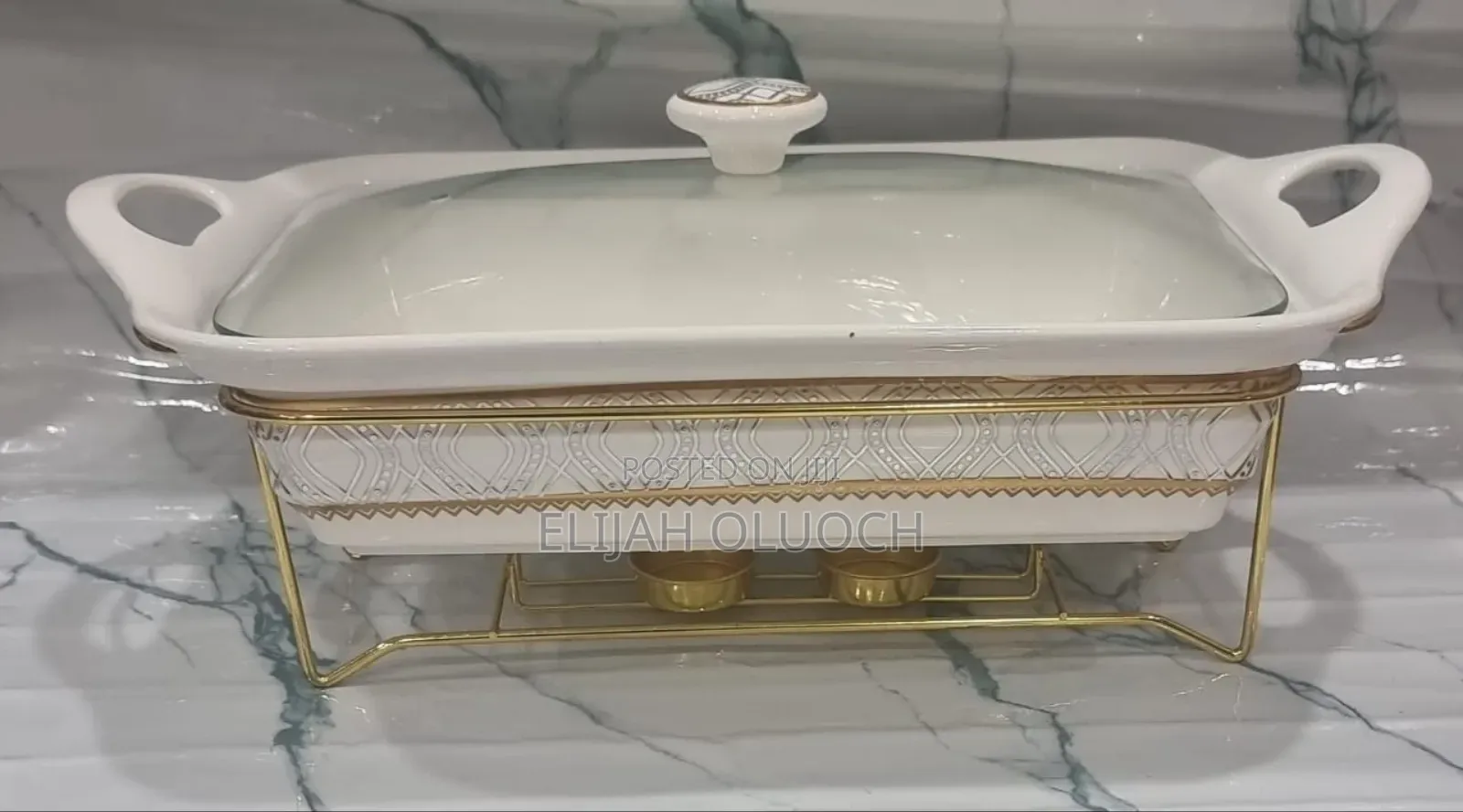 Ceramic Round Chaffing Dish + Burner and Golden Stand