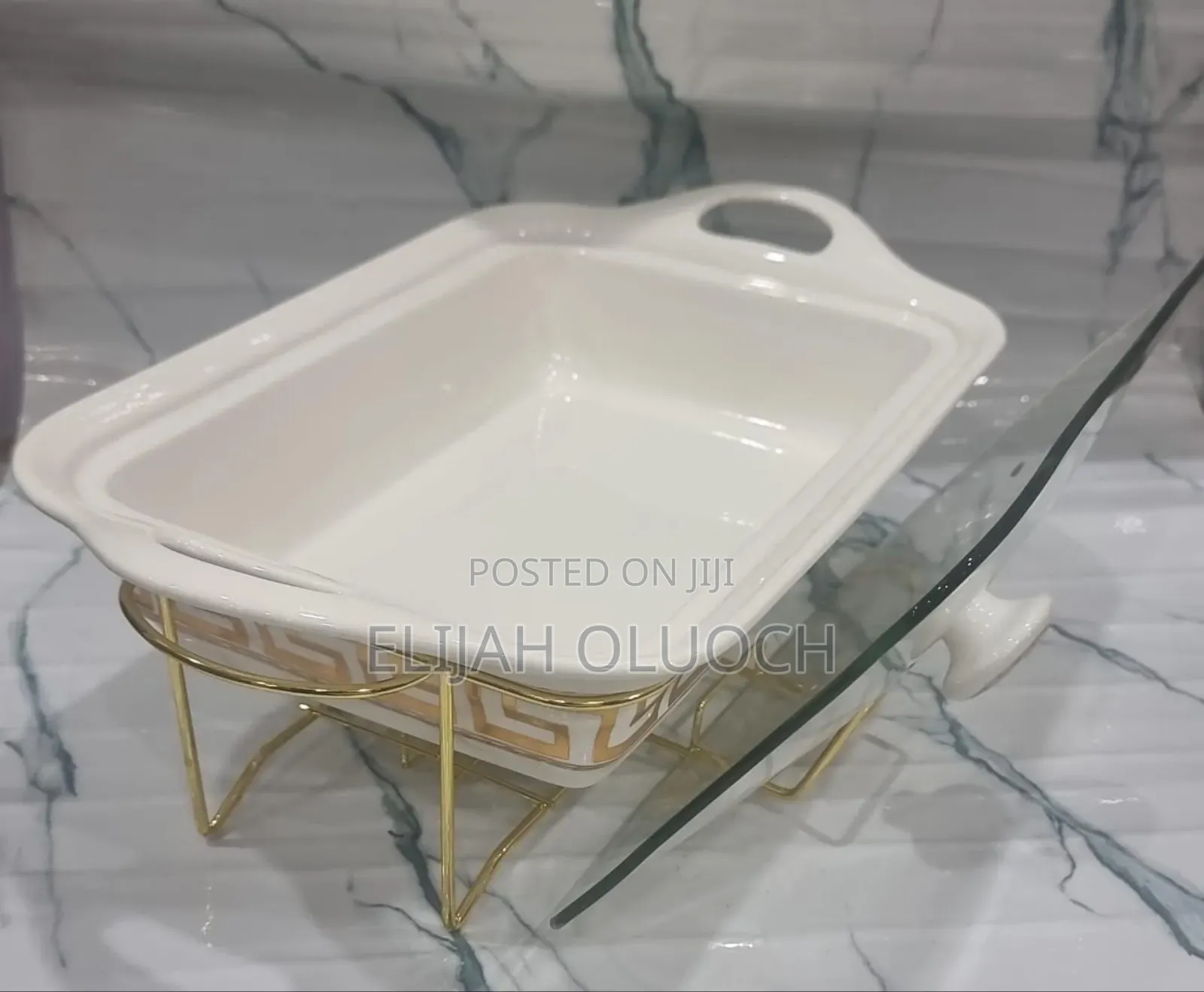 Ceramic Round Chaffing Dish + Burner and Golden Stand