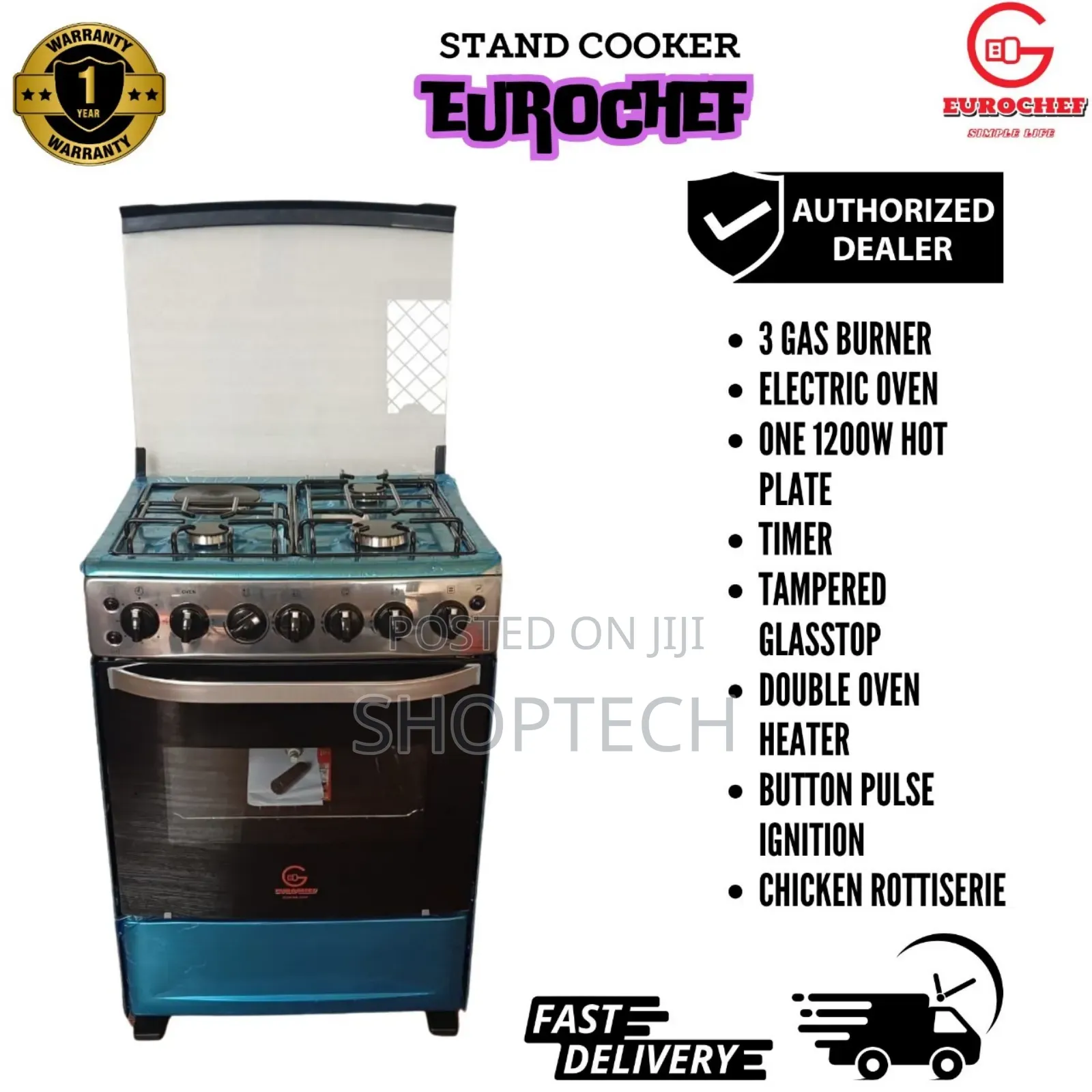 Eurochef Free Standing 3 Gas Burner +1 Electric Cooker