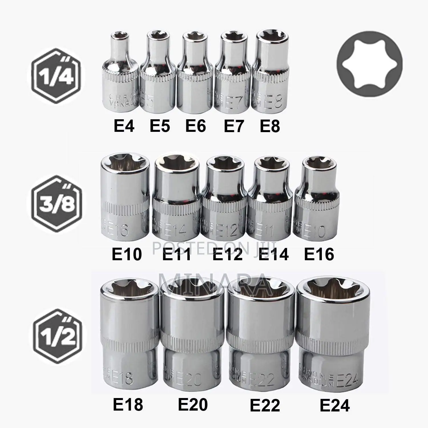 14 PCS Female E Star Torx Socket Set E4-E24, E-Torx