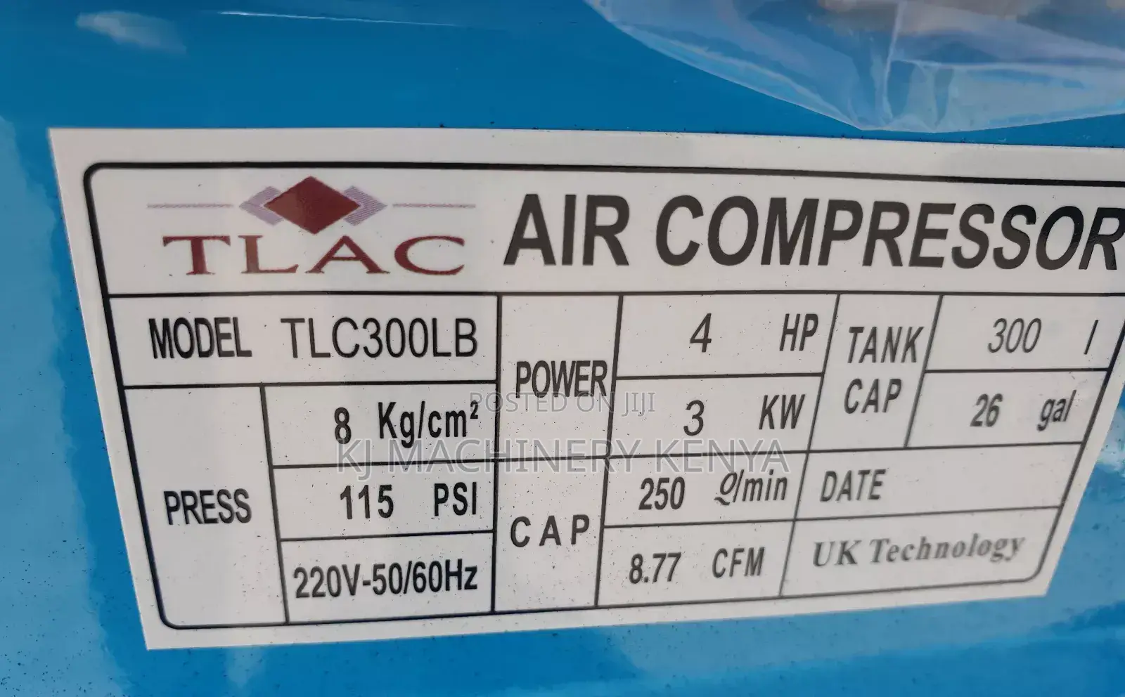 Compressor 300litres Tlac Brand, 4hp ,3kw.