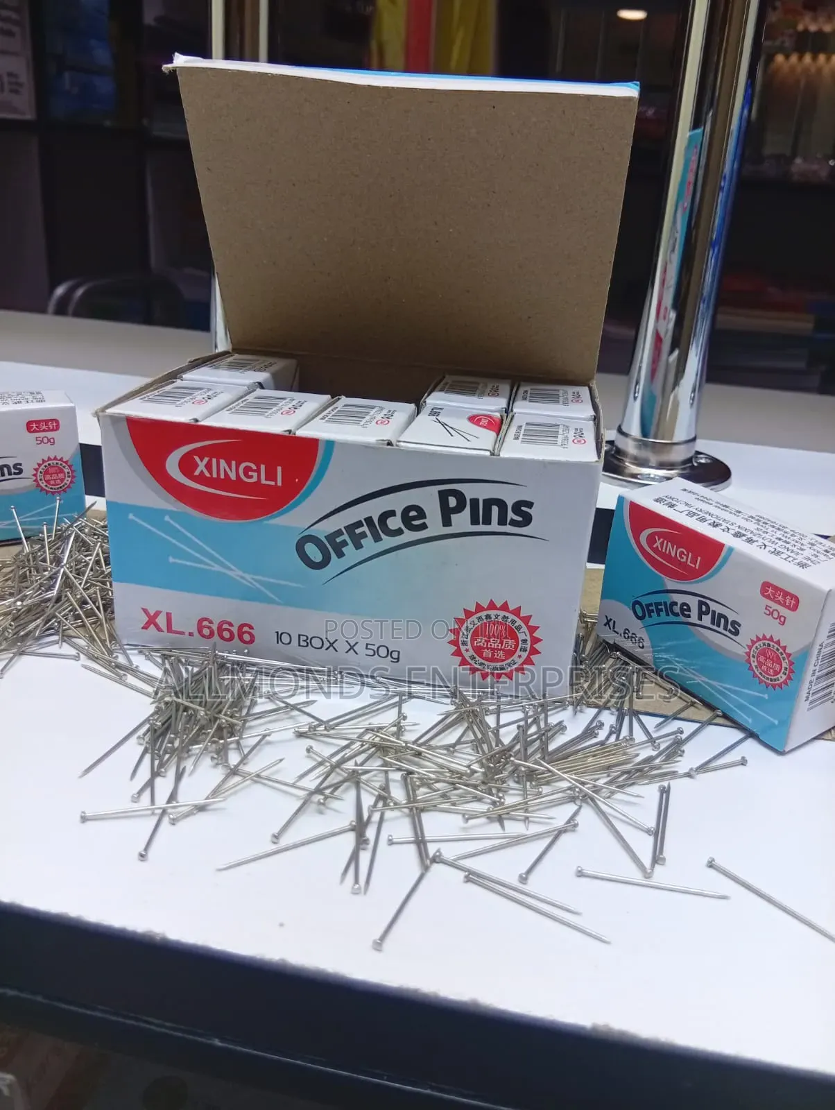A Carton of Office Pins ( 10 Packets of 50g Each Inside)