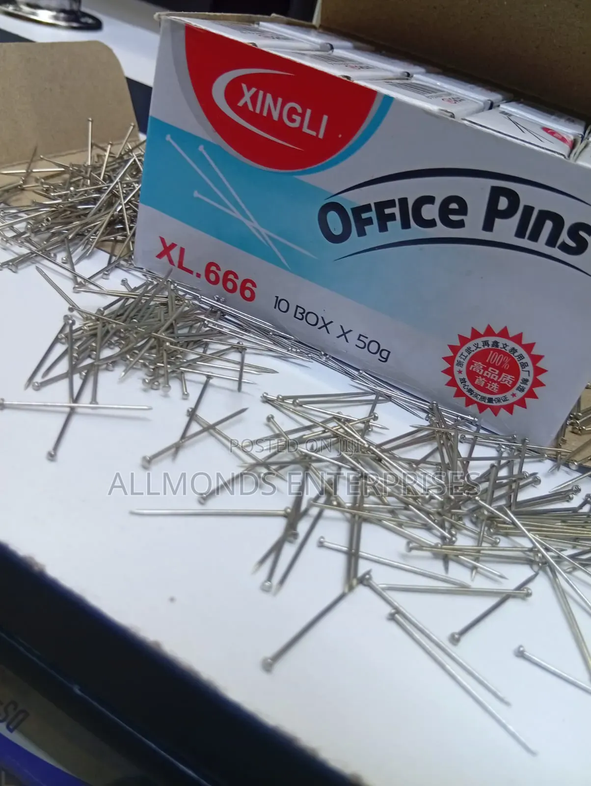 A Carton of Office Pins ( 10 Packets of 50g Each Inside)