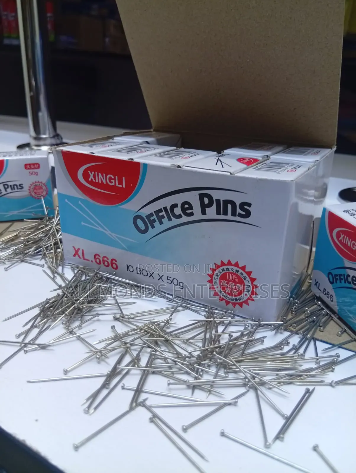A Carton of Office Pins ( 10 Packets of 50g Each Inside)
