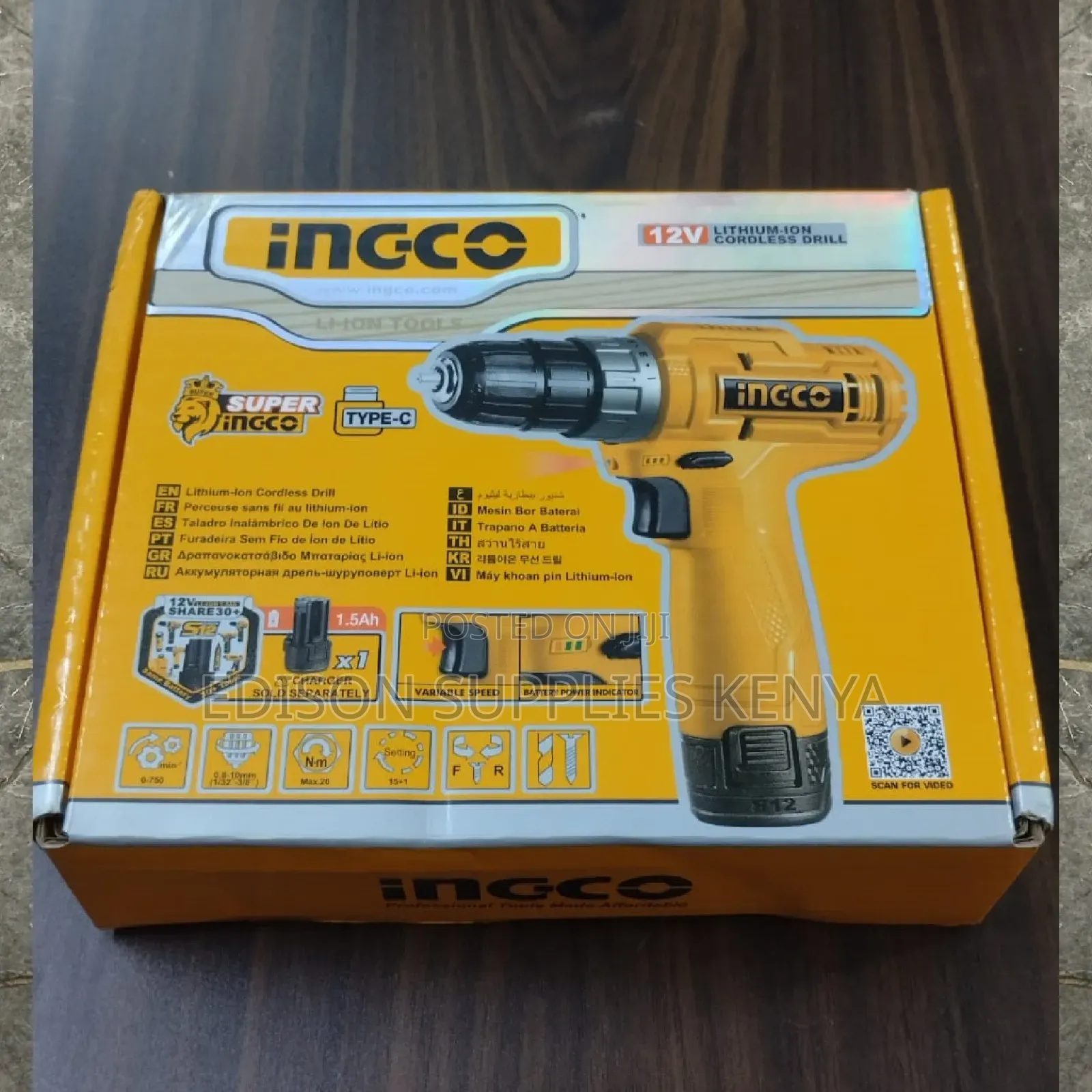 Cordless Drill Ingco 12v 20 N.M Wt 1.5ah Battery Lithium-ion